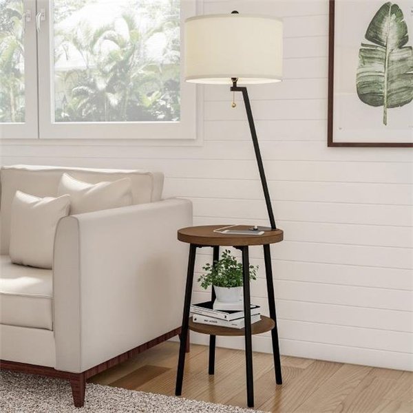 Lavish Home Lavish Home A1000B3 Floor Lamp End Table-Mid Century Modern Side Table with Drum Shaped Shade; Brown; Black & Off-White A1000B3
